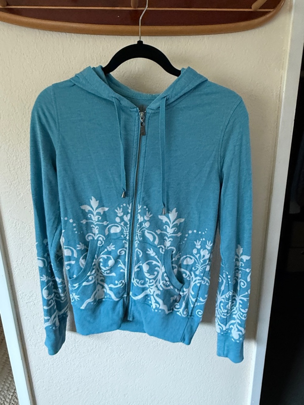 Prana Teal Zip Hoodie with White Floral Scroll